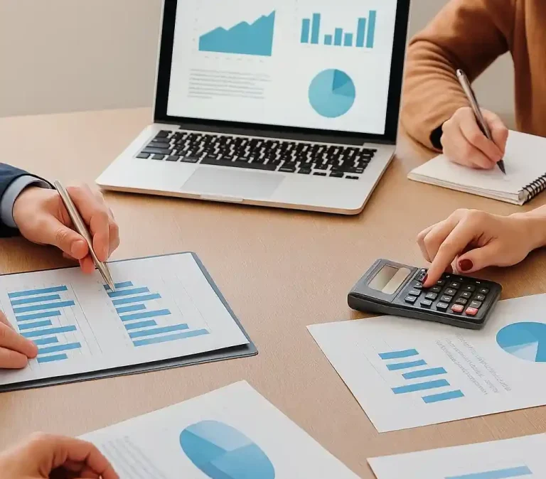Hände analysieren Diagramme und Statistiken auf einem Tisch mit Laptop und Taschenrechner.