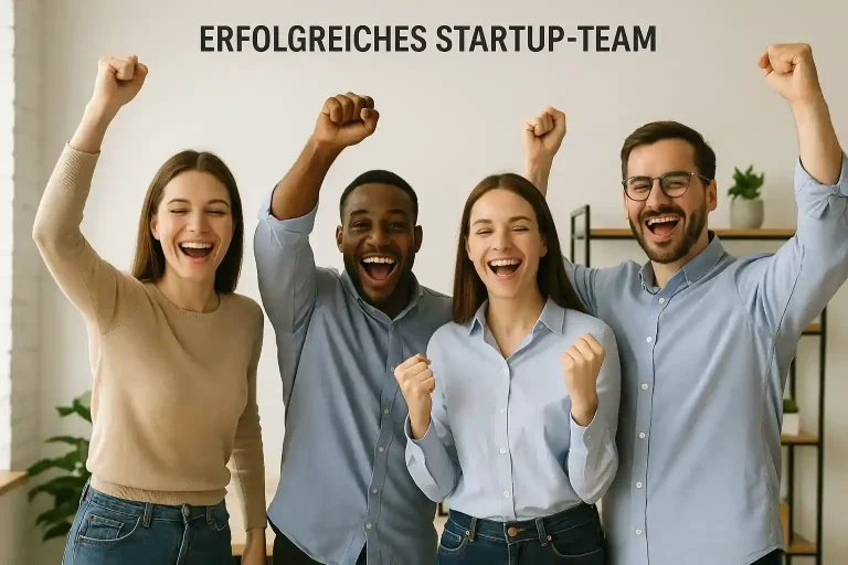 Vier Menschen feiern erfolgreiches Teamwork mit fröhlichen Gesten und Lächeln.