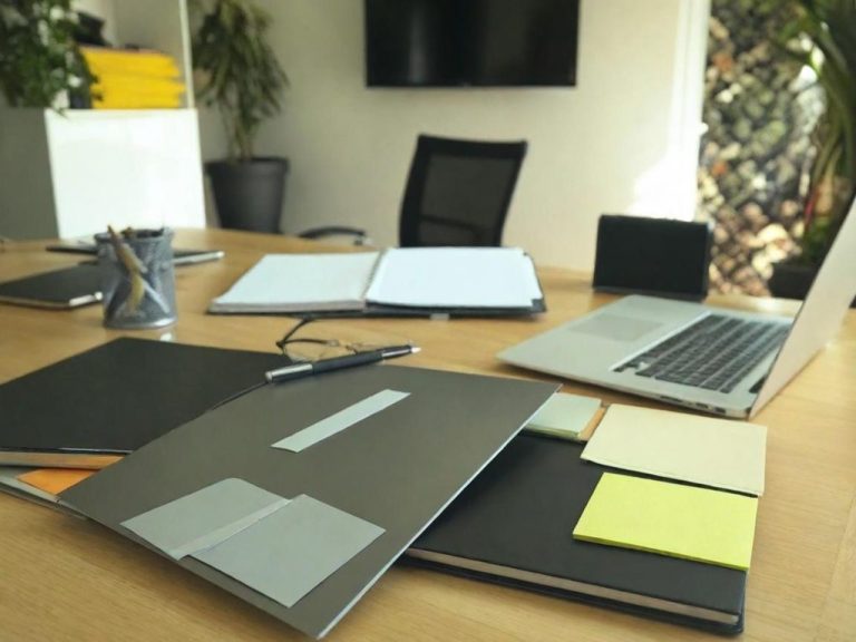 Bürotisch mit Laptop, Notizblöcken, Stiften und offenen Unterlagen.