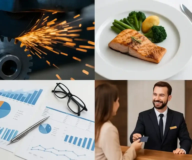 Schnappschüsse: Funken beim Arbeiten, Gericht mit Lachs, Diagramme, Geschäftsgespräch,.