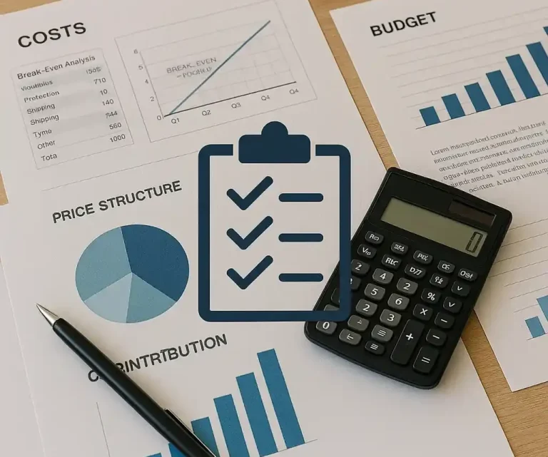 Grafiken und Diagramme zu Kosten, einem Taschenrechner und einem Notizblock.