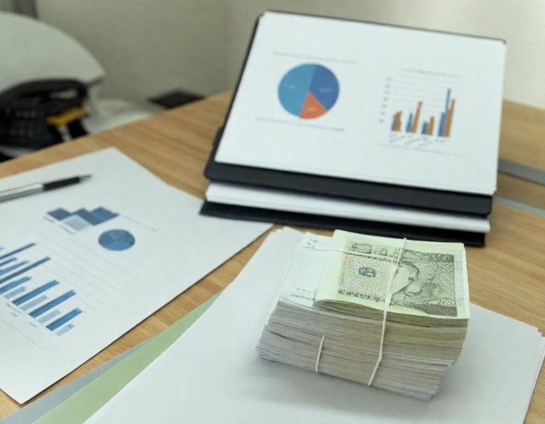 Stapel von Geldscheinen neben Diagrammen und Statistiken auf einem Schreibtisch.